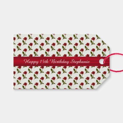 Personalize Happy Birthday Red Roses Pattern Gift Tags