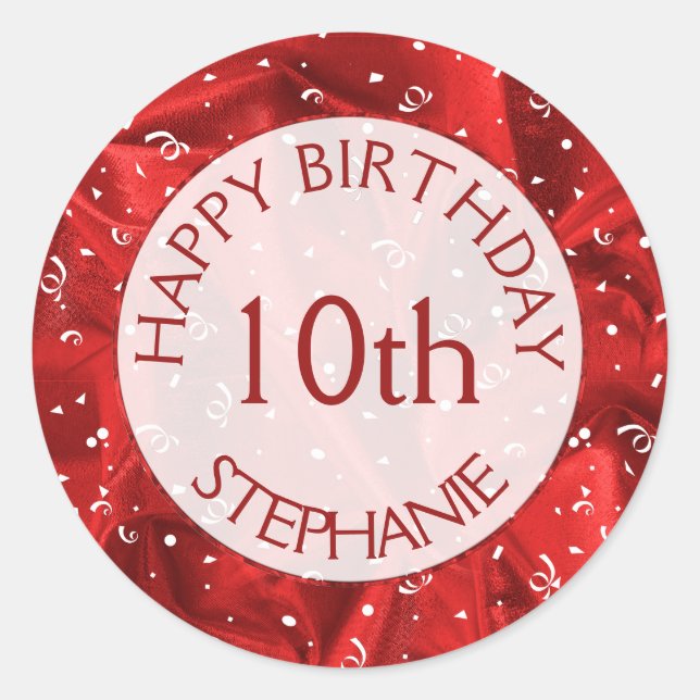 Personalize: "Happy Birthday" Red Textured Fabric Classic Round Sticker (Front)