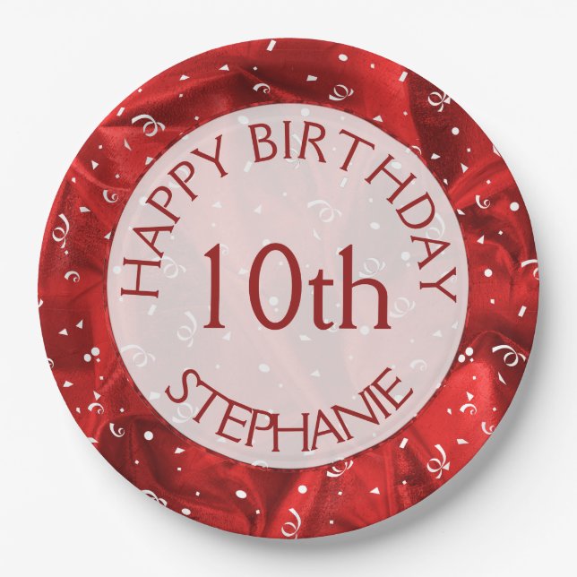 Personalize: "Happy Birthday" Red Textured Paper Plates (Front)