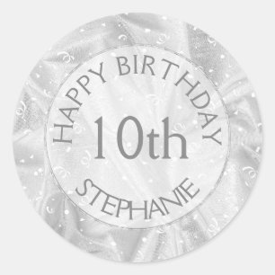 Personalize: "Happy Birthday" Silver Textured Classic Round Sticker
