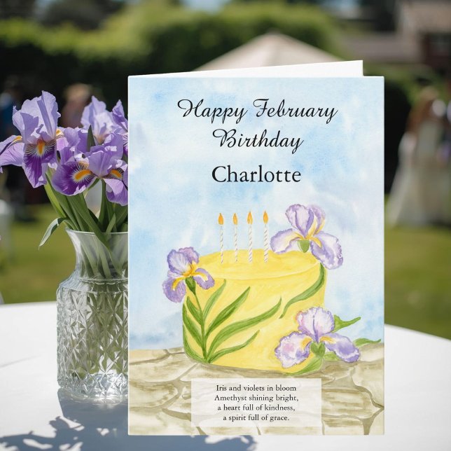Personalize Happy February Irises Birthday Cake Card (Creator Uploaded)