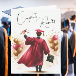 Personalize Happy Graduation Man Crimson Cap Gown Card