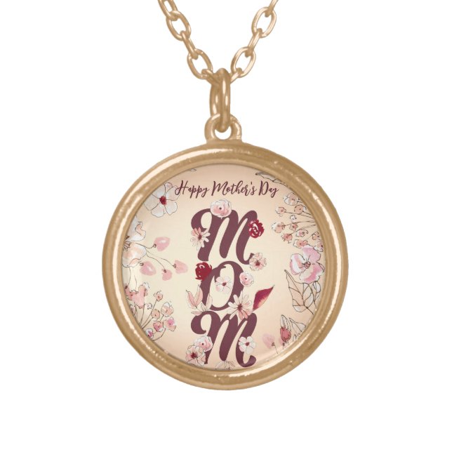 Personalize Happy Mother's Day Mom Warm Floral Gold Plated Necklace (Front)