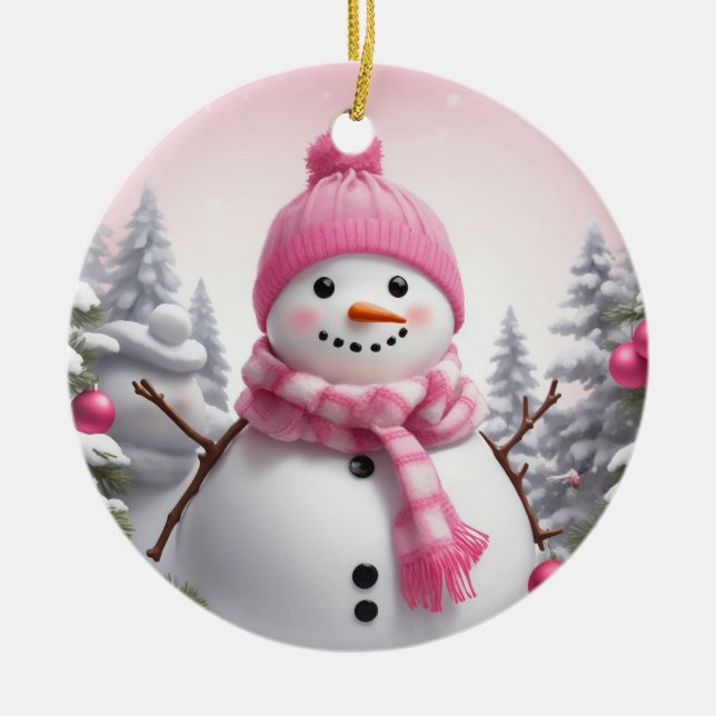 Personalize: Happy Pink Scarf Xmas Snowman Ceramic Ornament (Front)