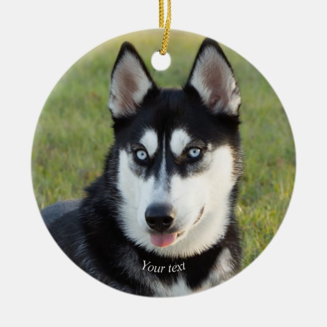 Personalize Happy playful Siberian Husky puppy Ceramic Ornament (Front)