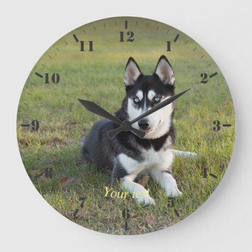 Personalize Happy playful Siberian Husky puppy Large Clock