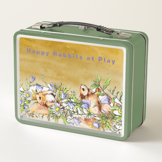 Personalize Happy Rabbits at Play Among Flowers Metal Lunch Box (Back)