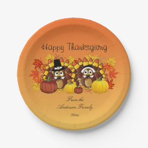 Personalize Happy Thanksgiving Owl Turkey Pilgrims Paper Plates