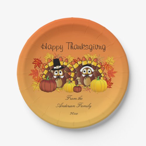 Personalize Happy Thanksgiving Owl Turkey Pilgrims Paper Plates