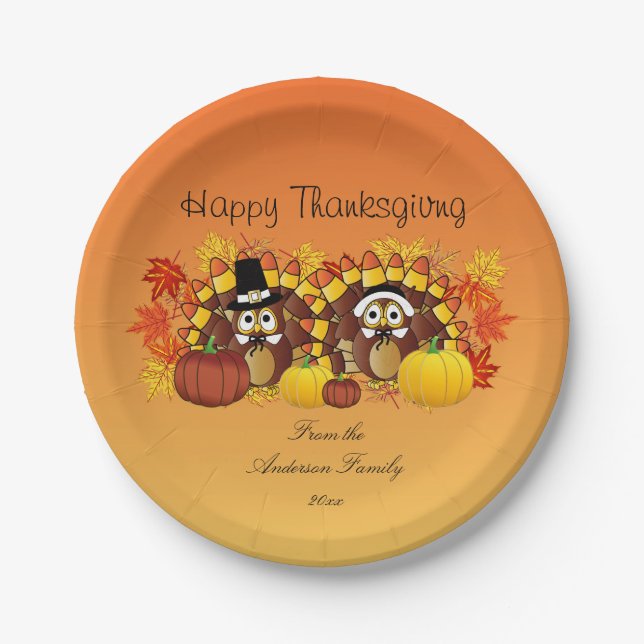 Personalize Happy Thanksgiving Owl Turkey Pilgrims Paper Plates (Front)