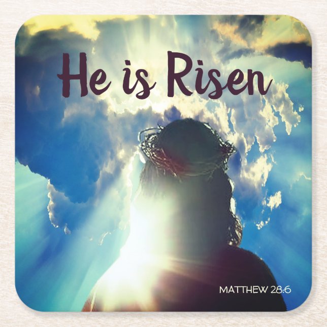 Personalize HE IS RISEN Religious Jesus Easter  Square Paper Coaster (Front)