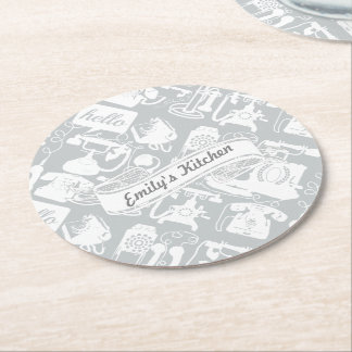 Personalize Hello Gray or Any Color Retro Phone Round Paper Coaster