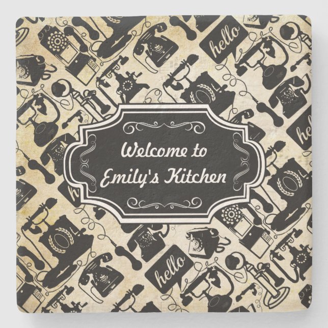 Personalize Hello Welcome to Kitchen Retro Phone Stone Coaster (Front)