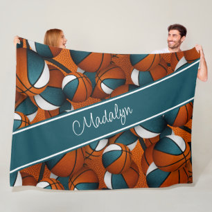 personalize her name on teal white basketballs  fleece blanket