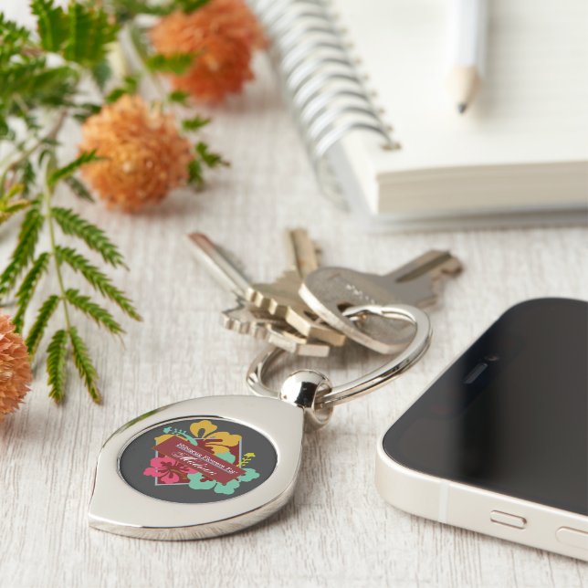Personalize Hibiscus Flowers Blue Pink Orange Keychain (Side)
