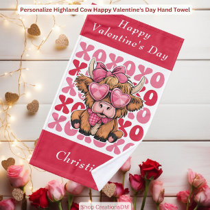 Personalize Highland Cow Happy Valentine's Day Hand Towel