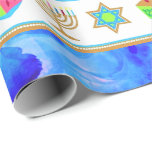 Personalize Holiday HANUKKAH Blue Wrapping Paper<br><div class="desc">HAPPY HANUKKAH Holiday style Wrapping Paper with Chanukah symbols: Menorah, Dreidel, Magen David and gold "Happy Hanukkah" text. PERSONALIZED CUSTOM Gift Wrap! Holiday Wrapping Paper perfect to festive during the season. . Unique Hanukkah wrapping paper for your gifts! Could be personalized with your text, your favorite picture or memory. Put...</div>