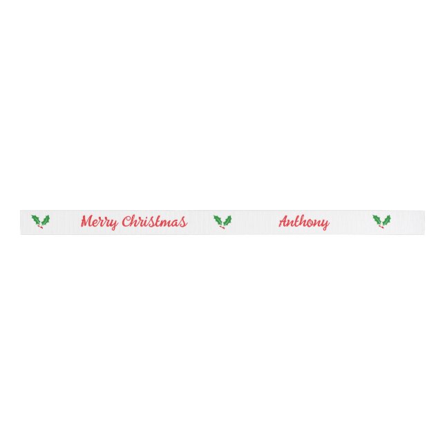 Personalize Holly & Berry White and Red Ribbon (Front)