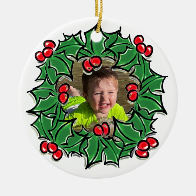 Personalize Holly Leaves berries Christmas wreath  Ceramic Ornament (Front)