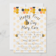 Personalize Honey Bee and Flowers First Birthday   Invitation