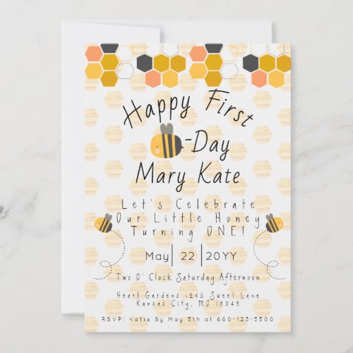 Personalize Honey Bee and Flowers First Birthday   Invitation