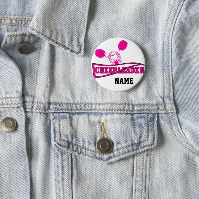 Personalize Hot Pink Cheerleader Girl Pinback Button (In Situ)
