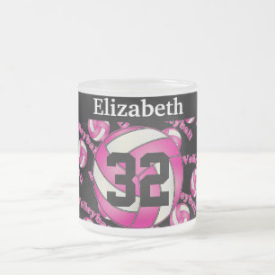 Personalize Hot Pink Volleyball Frosted Glass Coffee Mug