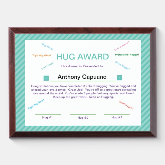 Personalize Hug Award Good Behavior Manners Award Plaque (Horizontal)