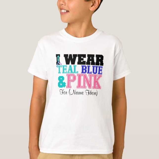 Personalize I Wear Teal Pink & Blue Thyroid Cancer T-Shirt (Front)