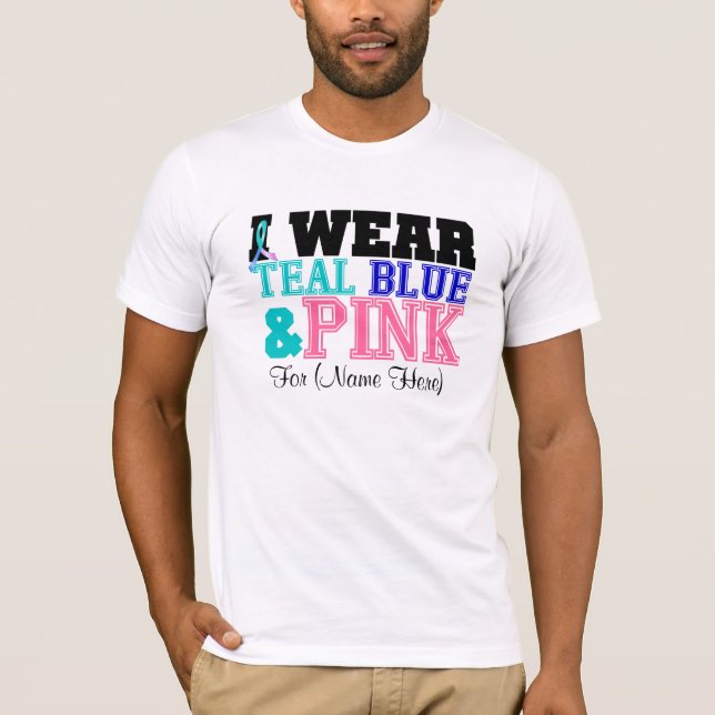 Personalize I Wear Teal Pink & Blue Thyroid Cancer T-Shirt (Front)
