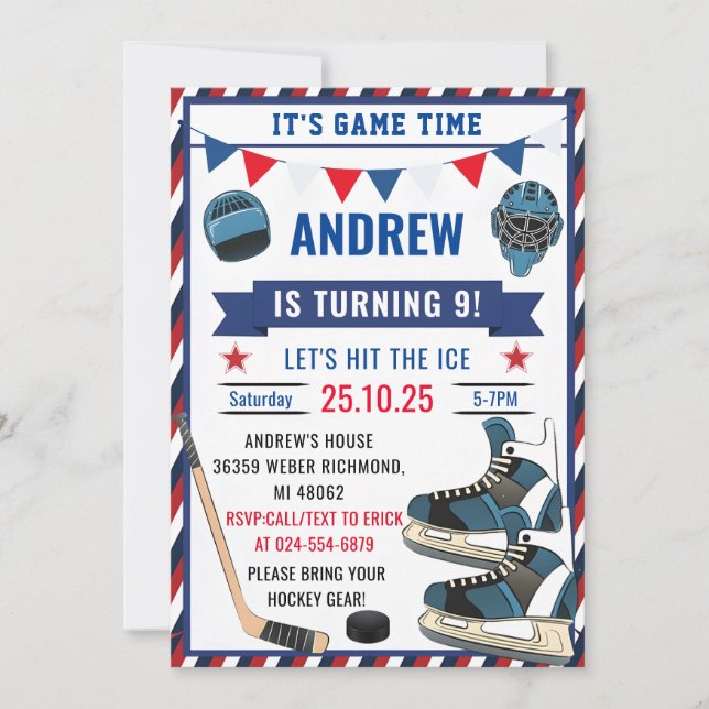 Personalize Ice Hockey Birthday Sports with Photo Invitation (Front)