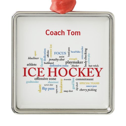 Personalize, Ice Hockey Coach Thank You in Words Metal Ornament