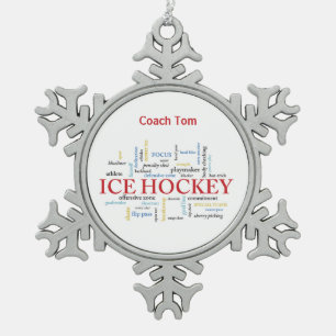 Personalize, Ice Hockey Coach Thank You in Words Snowflake Pewter Christmas Ornament