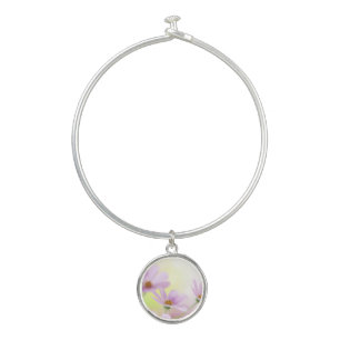 Personalize Image & Pink Flower Watercolor Bangle Bracelet