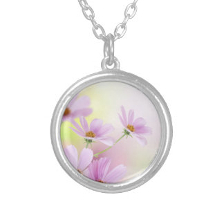 Personalize Image & Pink Flower Watercolor Silver Plated Necklace