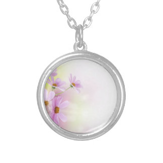 Personalize Image & Pink Flower Watercolor Silver Plated Necklace