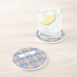 Personalize Indigo Scallop Petal Sandstone Coaster