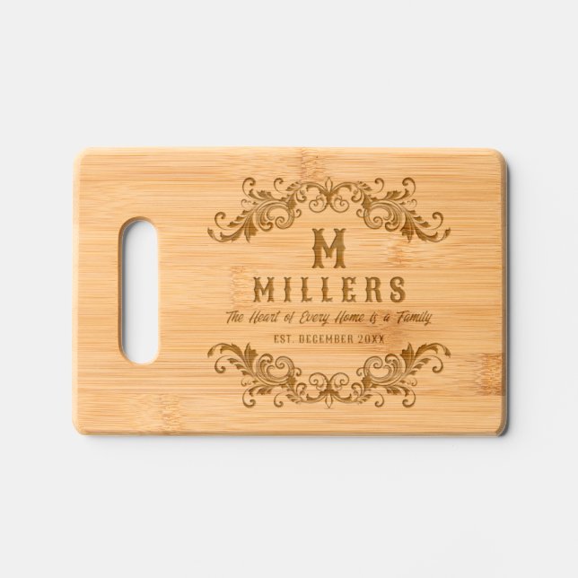 Personalize Initial, Family Name  Swirls Frame Engraved Cutting Board (Front)