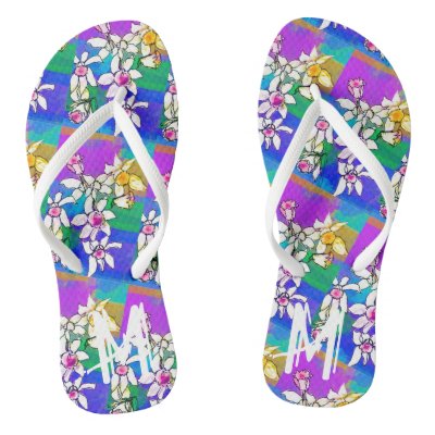 Personalize  Initial, Floral Bright Birthday Gift Flip Flops