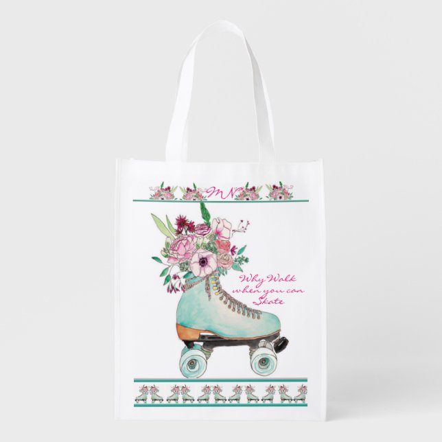 Personalize Initial Flowery Blue Skate Grocery Bag (Front)