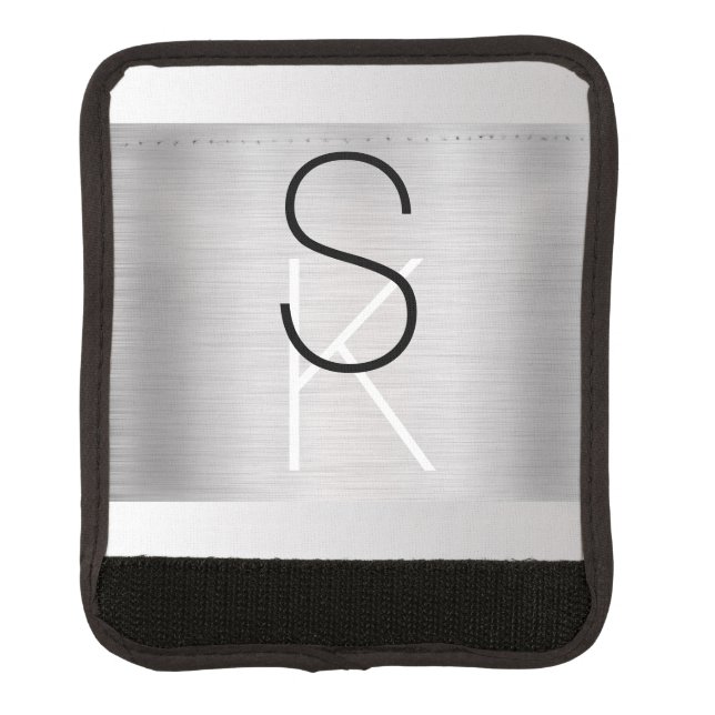 Personalize Initials, Black White, Brushed Silver Luggage Handle Wrap (Front)