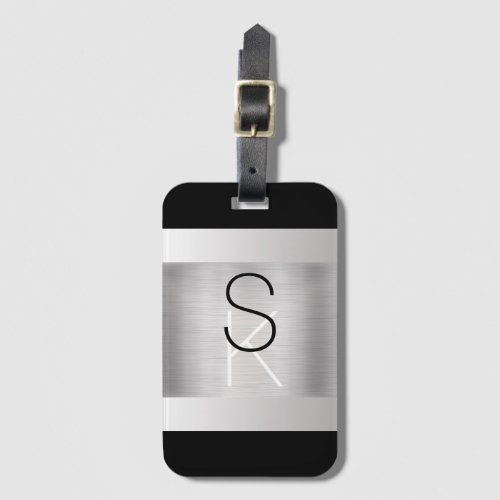 Personalize Initials Black White Brushed Steel Luggage Tag