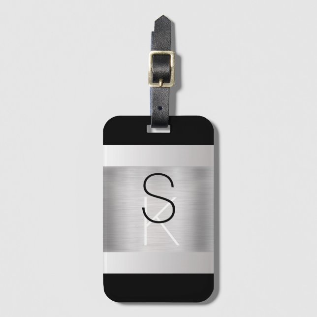 Personalize Initials, Black White, Brushed Steel Luggage Tag (Front Vertical)