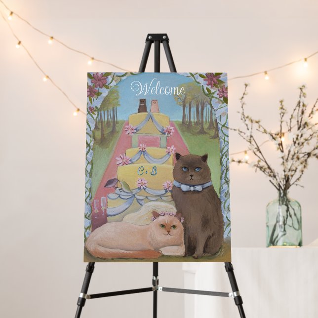 Personalize Initials Cat Pair Welcome Wedding Sign (In Situ (Stand))