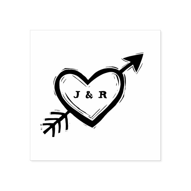Personalize Initials Heart with Arrow Linocut Look Rubber Stamp (Imprint)