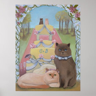 Personalize Initials Wedding Bride & Groom Cat Poster