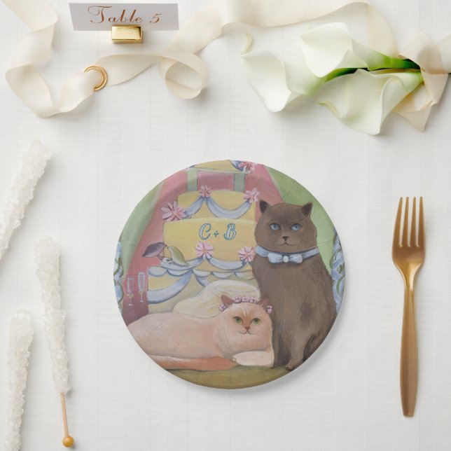 Personalize Initials Wedding Cats Paper Plates (Wedding)