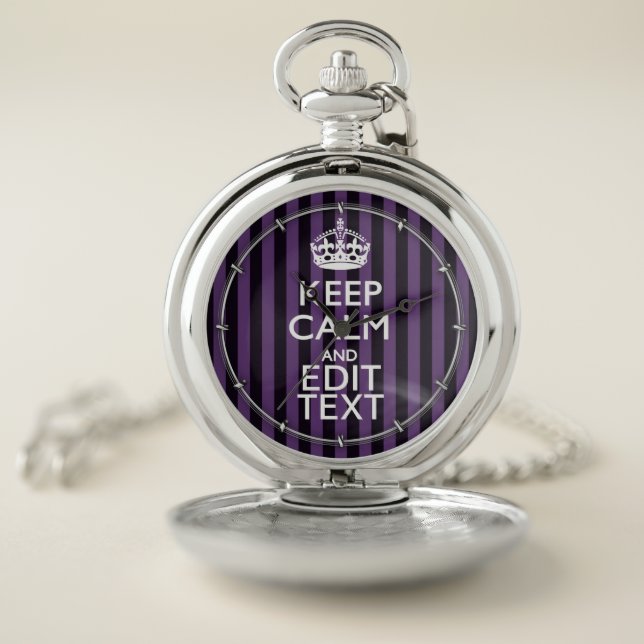Personalize it Keep Calm Your Text Purple Stripes Pocket Watch (Inside)