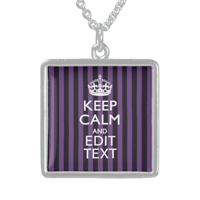 Personalize it Keep Calm Your Text Purple Stripes Sterling Silver Necklace (Front)