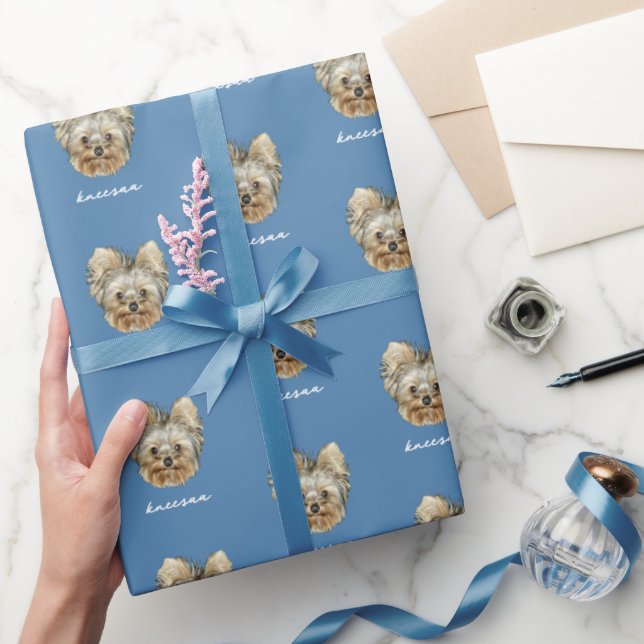 Personalize It! Pet Photo And Name Blue Wrapping Paper (Gifting)